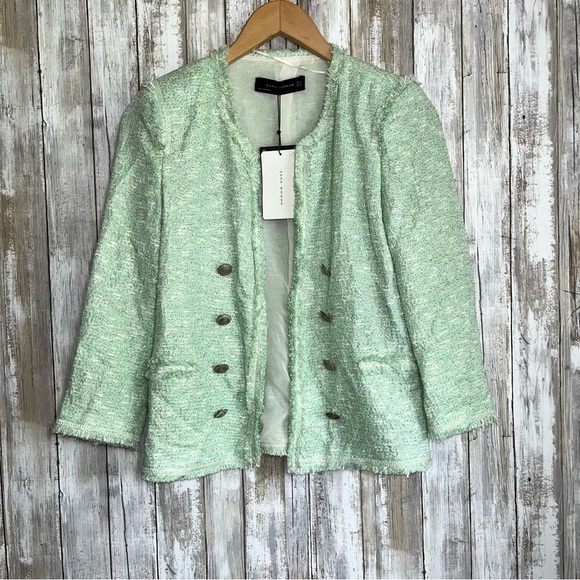 NWT Zara Fantasy Tweed Boucle Mint Button Blazer Rare - Picture 2 of 9